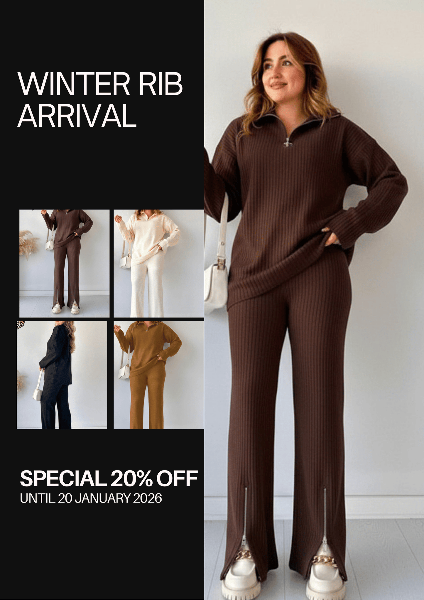 Winter Rib Stretchable Track Suit with High-Neck Zipper Shirt and Bottom Zipper Flapper.